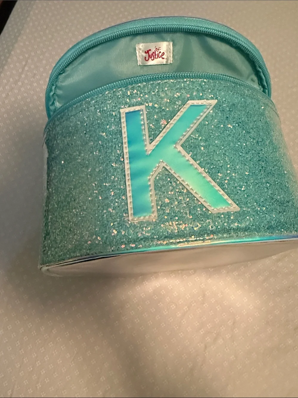 Justice Teal Glitter Travel Case with Initial K